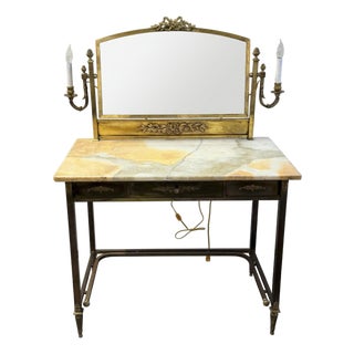 Mid 20th Century Hollywood Regency Brass and Onyx Dressing Table With Candelabra Mirror For Sale