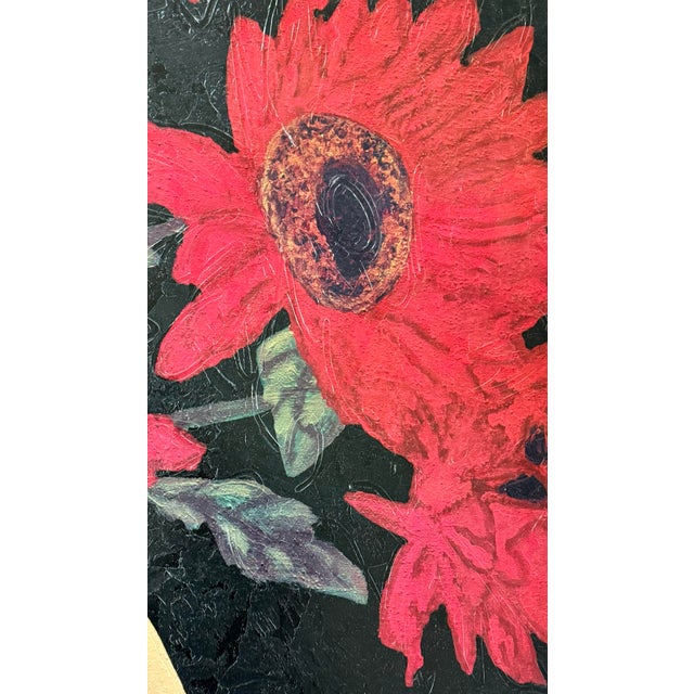 A mid century bold original oil painting featuring vibrant crimson blooms arranged in a creamy white vase against a...