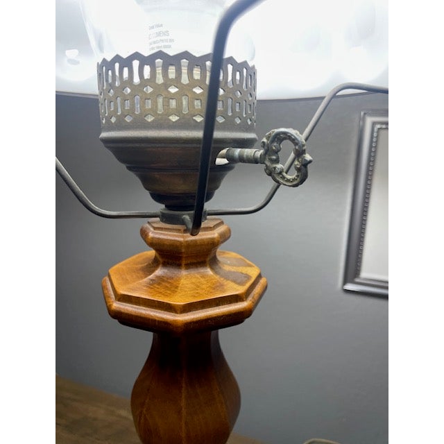 Brown Vintage Pair of Colonial Style Walnut & Brass Table Lamps With Milk Glass Shades For Sale - Image 8 of 8
