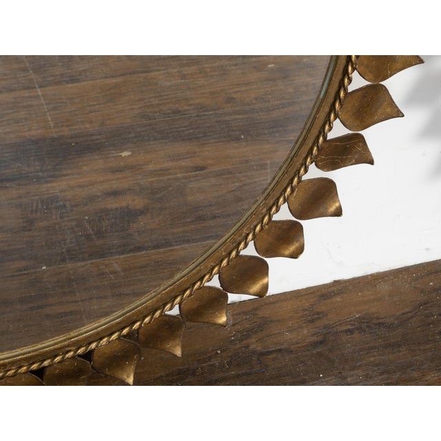 Pair of Midcentury Spanish Gilt Metal Round Mirrors with Leaves and Twisted Rope For Sale In Atlanta - Image 6 of 10