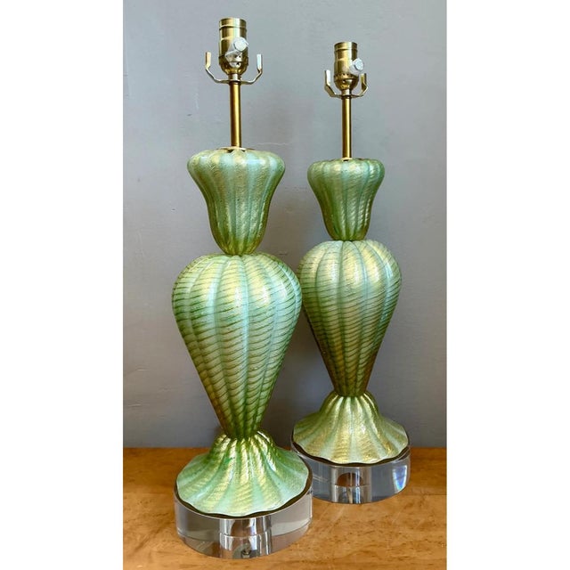 Olive Vintage Italian Murano Glass Lamps With Lucite Plinths For Sale - Image 8 of 13