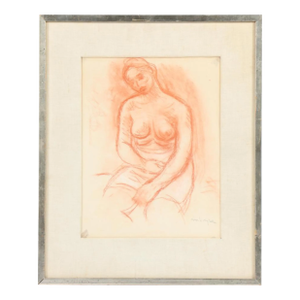 Moses Soyer, Seated Female Nude, Sanguine on Paper, Framed