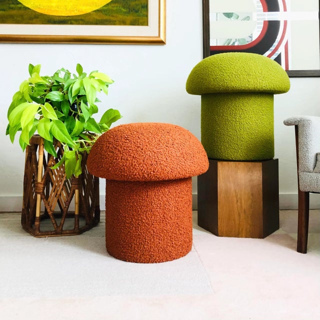 Mushroom Ottoman in Cinnamon Boucle For Sale - Image 9 of 12