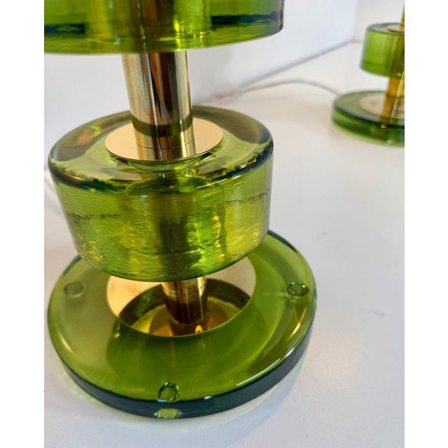 Italian Green Emerald Murano Glass Discs and Brass Lamps with Black Lampshades, 2000s, Set of 2 For Sale - Image 9 of 15