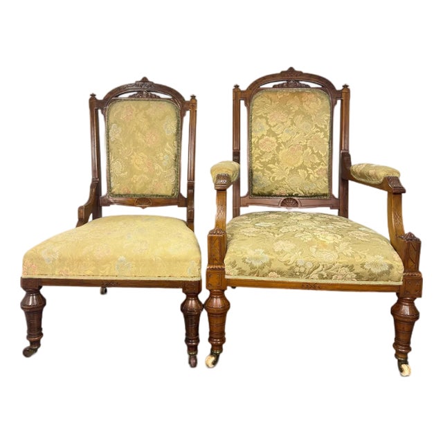 Late 19th Century Antique English Eastlake "His and Hers" Walnut Parlor Chairs For Sale