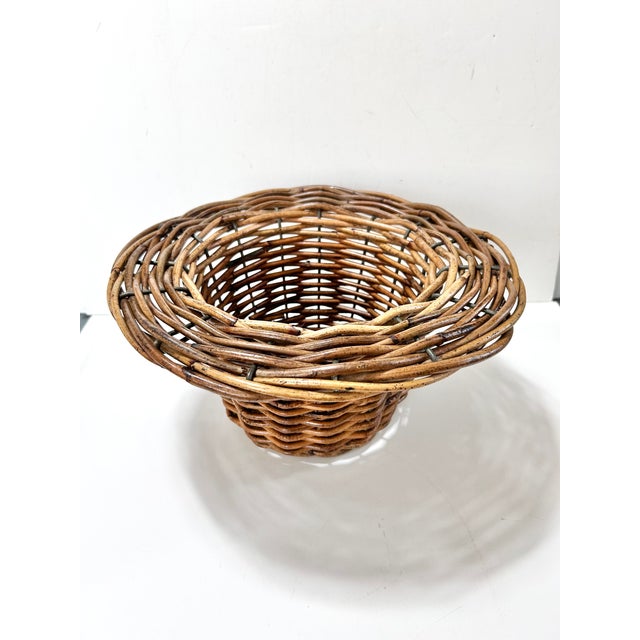 Brown Vintage Pedestal Rattan Basket Planter With Flared Rim – Boho Wicker Footed Bowl Centerpiece For Sale - Image 8 of 9