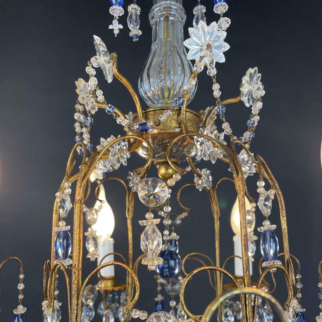 Metal Chandelier in Golden Iron and Light Blue Crystals, 1950s For Sale - Image 7 of 14
