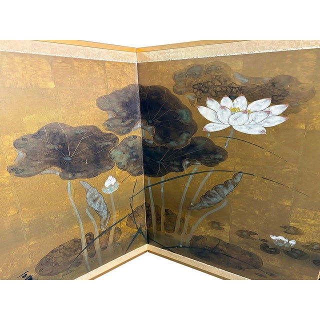 Vintage Japanese Byobu With Painted Lotus Flowers 4 Panels Folding Screen For Sale - Image 4 of 16