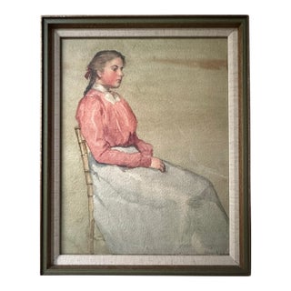 Antique Watercolor Painting, Portrait of Sitting Woman by Annie S. Johnson, Framed For Sale