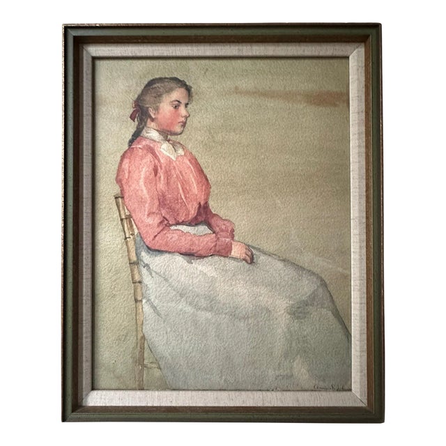 Antique Watercolor Painting, Portrait of Sitting Woman by Annie S. Johnson, Framed For Sale
