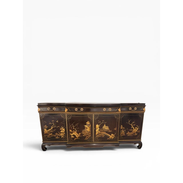 Chinoiserie 1984 Karges Furniture Hand-Painted Chinoiserie Lacquer Credenza With Asian Chow Legs For Sale - Image 3 of 15