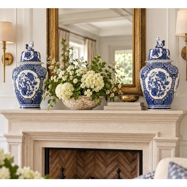 A lovely pair of vintage Dutch Delft faience lidded ginger jars by well known Dutch maker, Petrus Regout in Maastricht,...