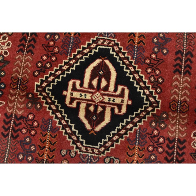 Textile Shiraz Rug 3’5” X 4’7” Red Wool Vintage Tribal Hand-Knotted Oriental Carpet For Sale - Image 7 of 12