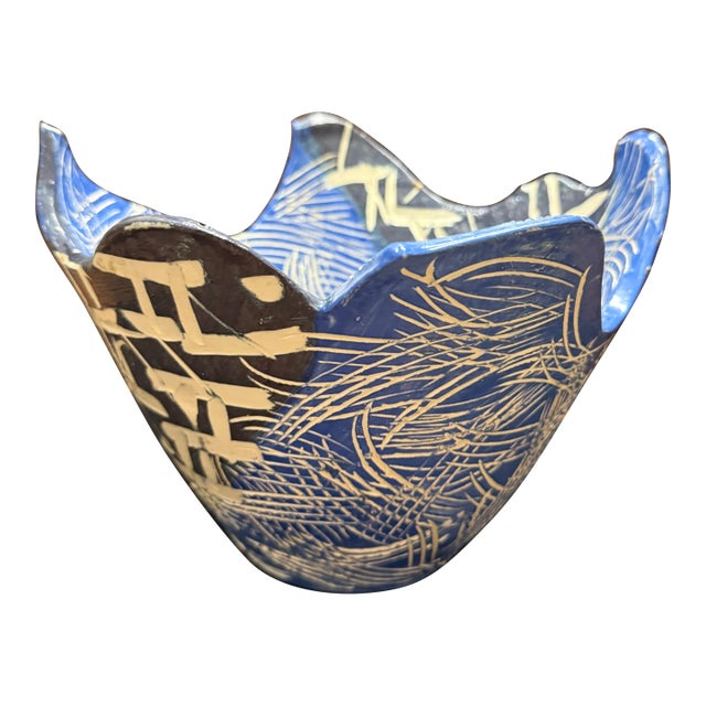 Vintage Blue and White Hand Thrown Studio Pottery Bowl For Sale