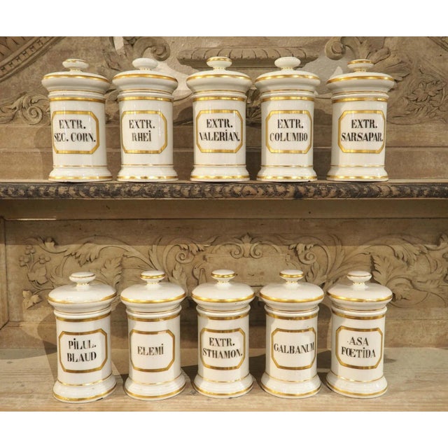 Set of 10 French Hand Painted Porcelain Apothecary Jars, 1900s For Sale - Image 11 of 15