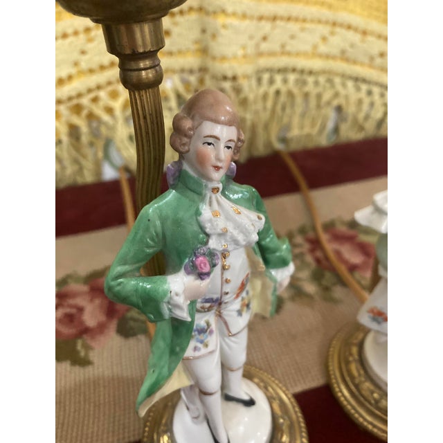 Pair of Vintage Porcelain Figurine Lamps – Rococo Style – Lady & Gentleman – 12” For Sale - Image 4 of 16
