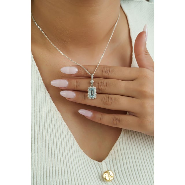 Sky Blue 1.9ct Ice Blue Aquamarine & Diamond Halo Pendant With Locking Bail in 14k Gold For Sale - Image 8 of 14