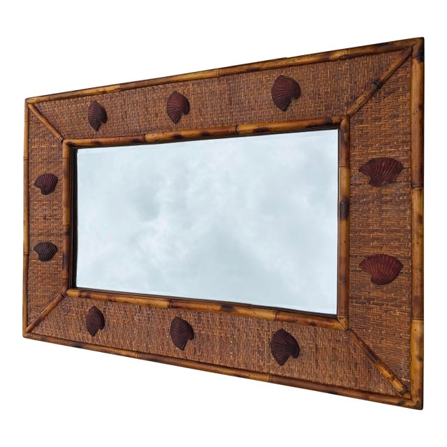 Vintage Bassett Coastal Burnt Bamboo, Rattan & Shell Wall Mirror For Sale
