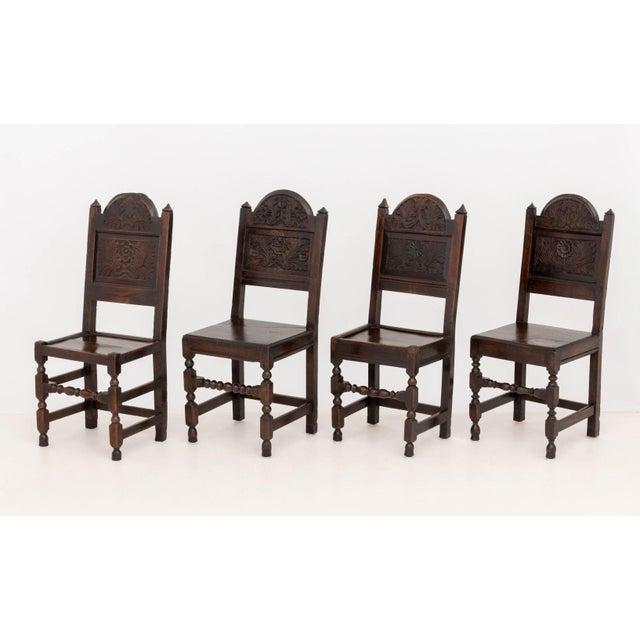 Wood Set of Eight Jacobean Carved Oak Dining Chairs For Sale - Image 7 of 16