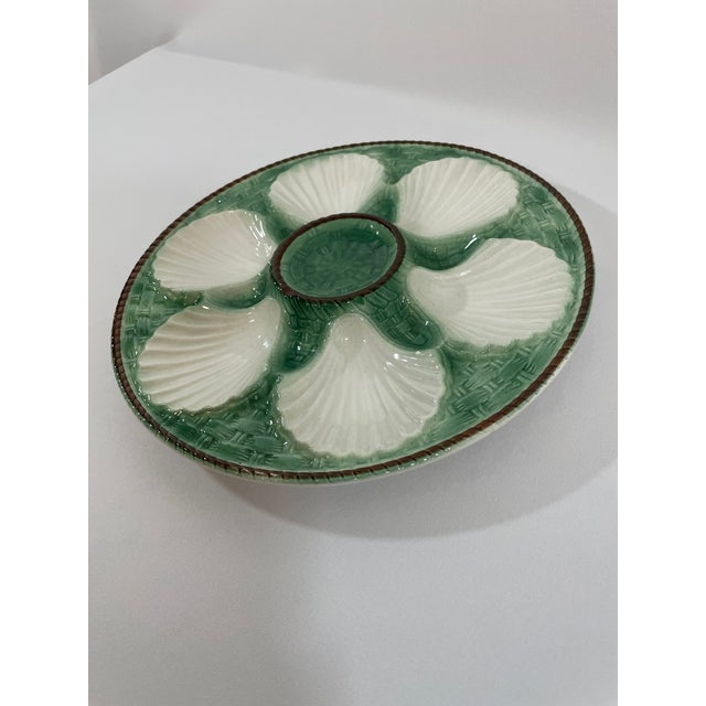 Art Deco Antique 1920s French Longchamp Majolica Green and White Oyster Plate For Sale - Image 3 of 14