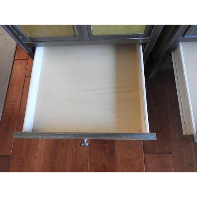 Pair of Venezia Furniture Industrial Modern Steel & Stained Wood Nightstands / End Tables With Glass Tops For Sale - Image 11 of 16