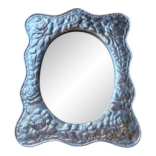 1990s Handcrafted Mexican Pewter Ornate Elegant Tabletop Mirror Folk Art 12x10" Roses For Sale