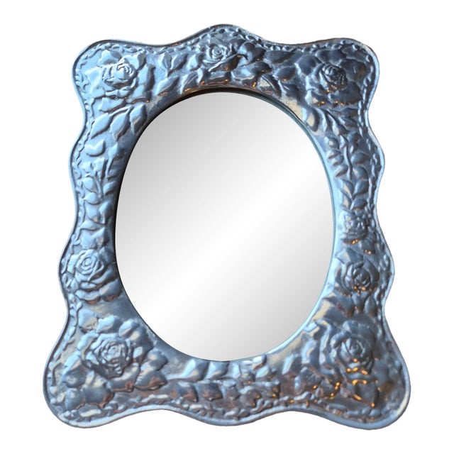 1990s Handcrafted Mexican Pewter Ornate Elegant Tabletop Mirror Folk Art 12x10" Roses For Sale