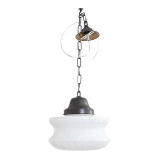 Schoolhouse Style Light Fixture, Opaline Glass, Antique 1930s-1940s For Sale