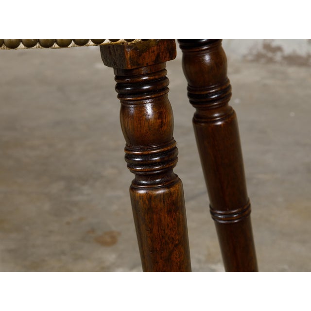 Brown English Turned Oak 19th Century Stool on Casters with Oval Upholstered Seat For Sale - Image 8 of 12