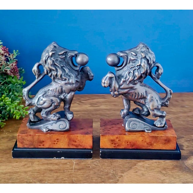 Antique Bronze & Wood Lion Bookend Pair For Sale - Image 15 of 18