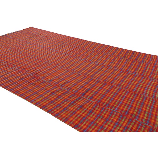 1950s VintageTurkish Kilim in Red With Stripes and Plaid Pattern | Rug & Kilim For Sale - Image 5 of 7