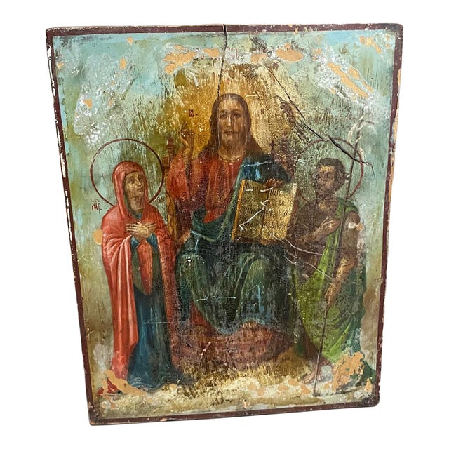 19th Century St. John the Baptist and Virgin Mary Byzantine Style Painting on Wood Canvas For Sale