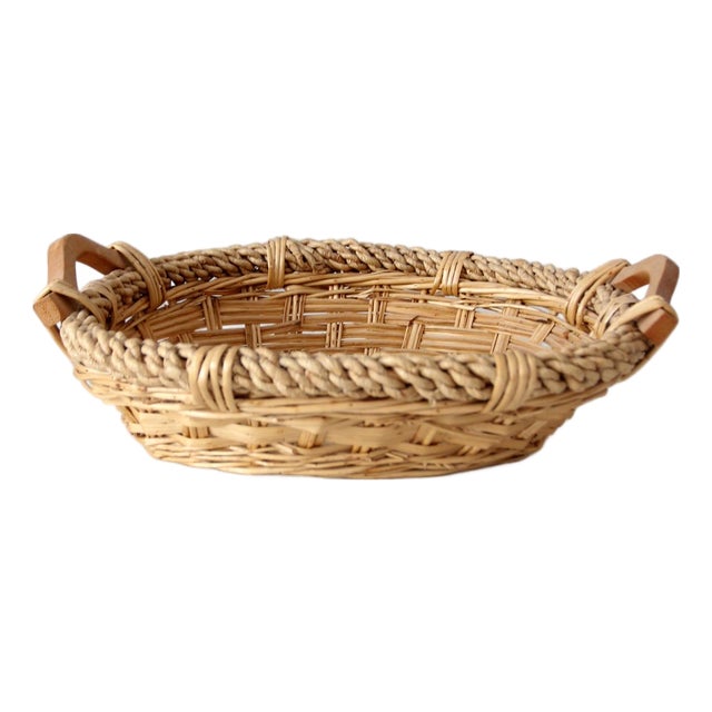 Vintage Wicker Catchall Basket With Wooden Handles For Sale