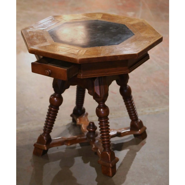19th Century French Octagonal Carved Walnut Marquetry Side Table With Slate Top For Sale In Dallas - Image 6 of 9
