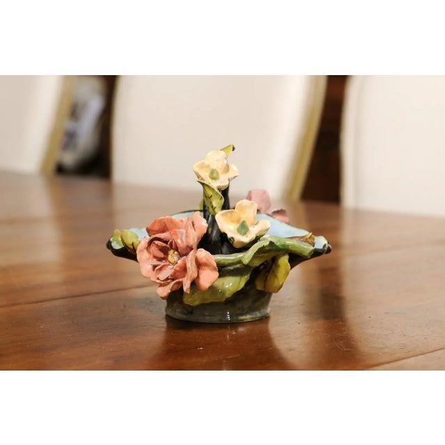 French 1880s Barbotine Majolica Basket with High Relief Colorful Flowers For Sale - Image 10 of 13