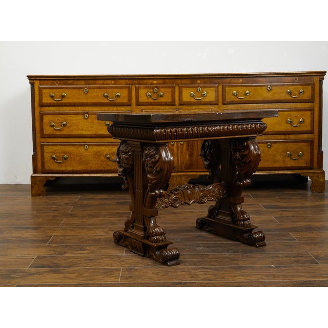 Italian 1800s Walnut Side Table with Lion Motifs and Richly Carved Trestle Base For Sale - Image 9 of 11