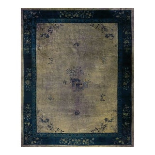 1920s Gray Floral Antique Chinese Peking Rug 9' 3'' X 11' 6'' Knotted Pile Wool Carpet For Sale