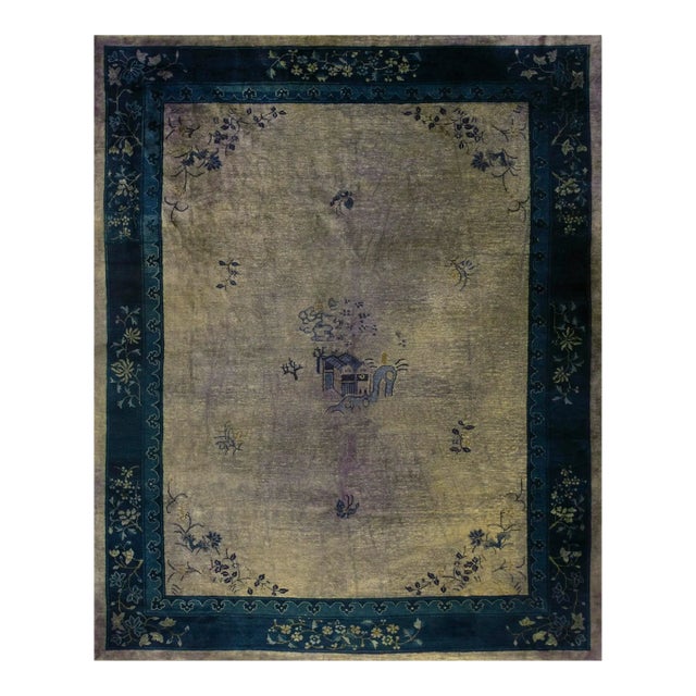 1920s Gray Floral Antique Chinese Peking Rug 9' 3'' X 11' 6'' Knotted Pile Wool Carpet For Sale