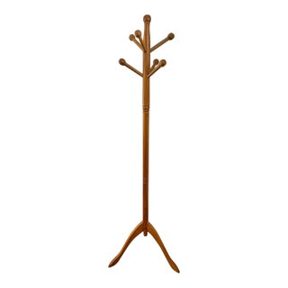 Vintage Oak Tripod Coat Rack With Turned Pole and Ball Pegs For Sale