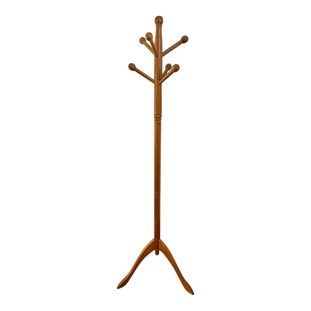 Vintage Oak Tripod Coat Rack With Turned Pole and Ball Pegs For Sale