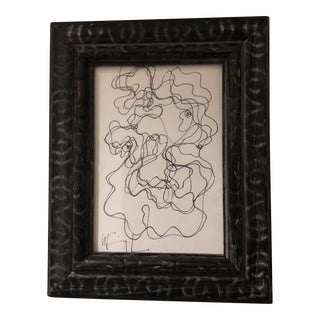 Original Vintage Small Wayne Cunningham Abstract Ink Drawing Vintage Frame Signed For Sale