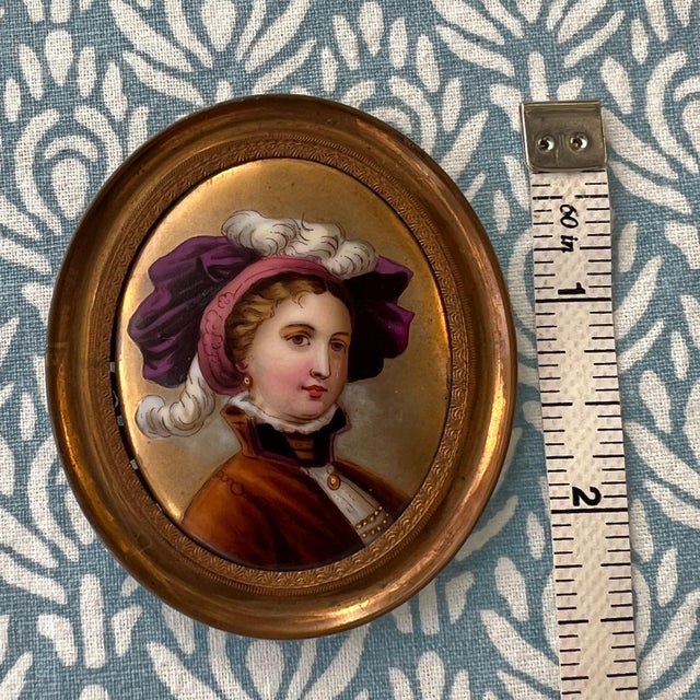 Hand painted miniature portrait on porcelain with gold-tone frame // original antique art // portrait of a female // collectible artwork For Sale In Kansas City - Image 6 of 10