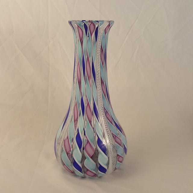 Murano Zanfirico Style Blue & Purple Glass Vase Signed by Mike Grau