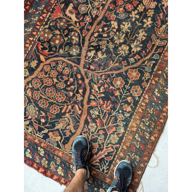 1930s Growing Tree of Life Deep Navy, Rusty, Camel with Hidden Bird Rug 4.6 x 6.8 For Sale - Image 9 of 11