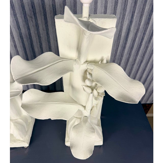 Contemporary 1990s Hand Carved Wood Banana Plant Lamps Finished in White Plaster - A Pair For Sale - Image 3 of 14