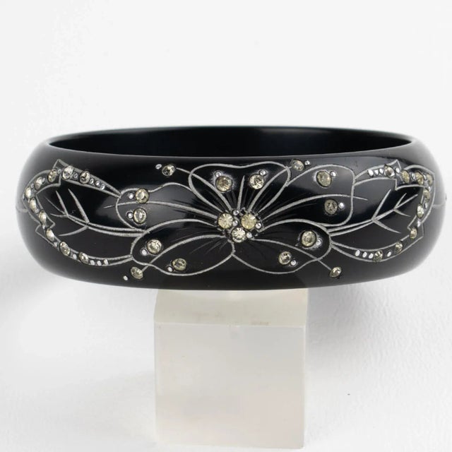 Art Deco Black Galalith Jeweled Bracelet Bangle With Carved Floral Design For Sale - Image 9 of 10