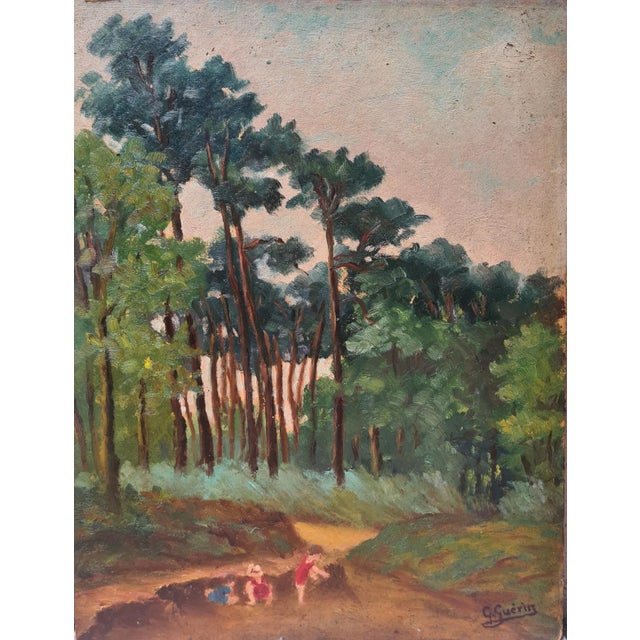 1930s French Impressionist Barbizon School oil on panel view of children playing in a forest by Georges Guerin...