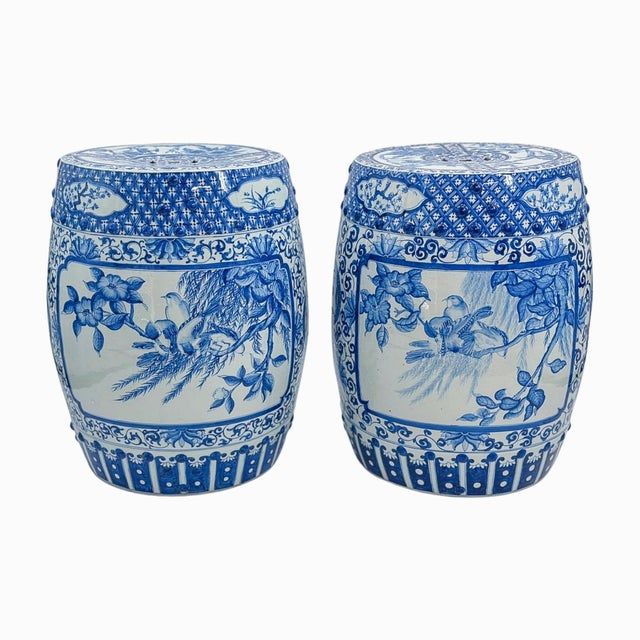 Blue Late 20th Century Pair of Blue and White Chinoiserie Porcelain Garden Stools For Sale - Image 8 of 14