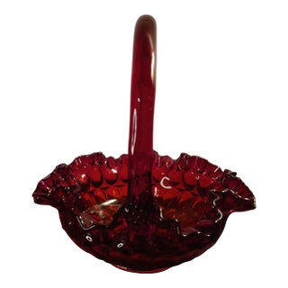 Vintage Fenton Ruby Red Thumbprint Pattern Ruffled Edge Basket Vase For Sale