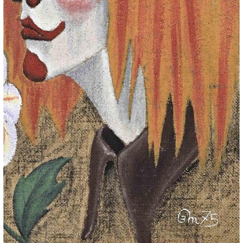 Mixed media on jute canvas, realized in 1975. Hand monogrammed and dated lower right. Hand signed on rear. A striking and...